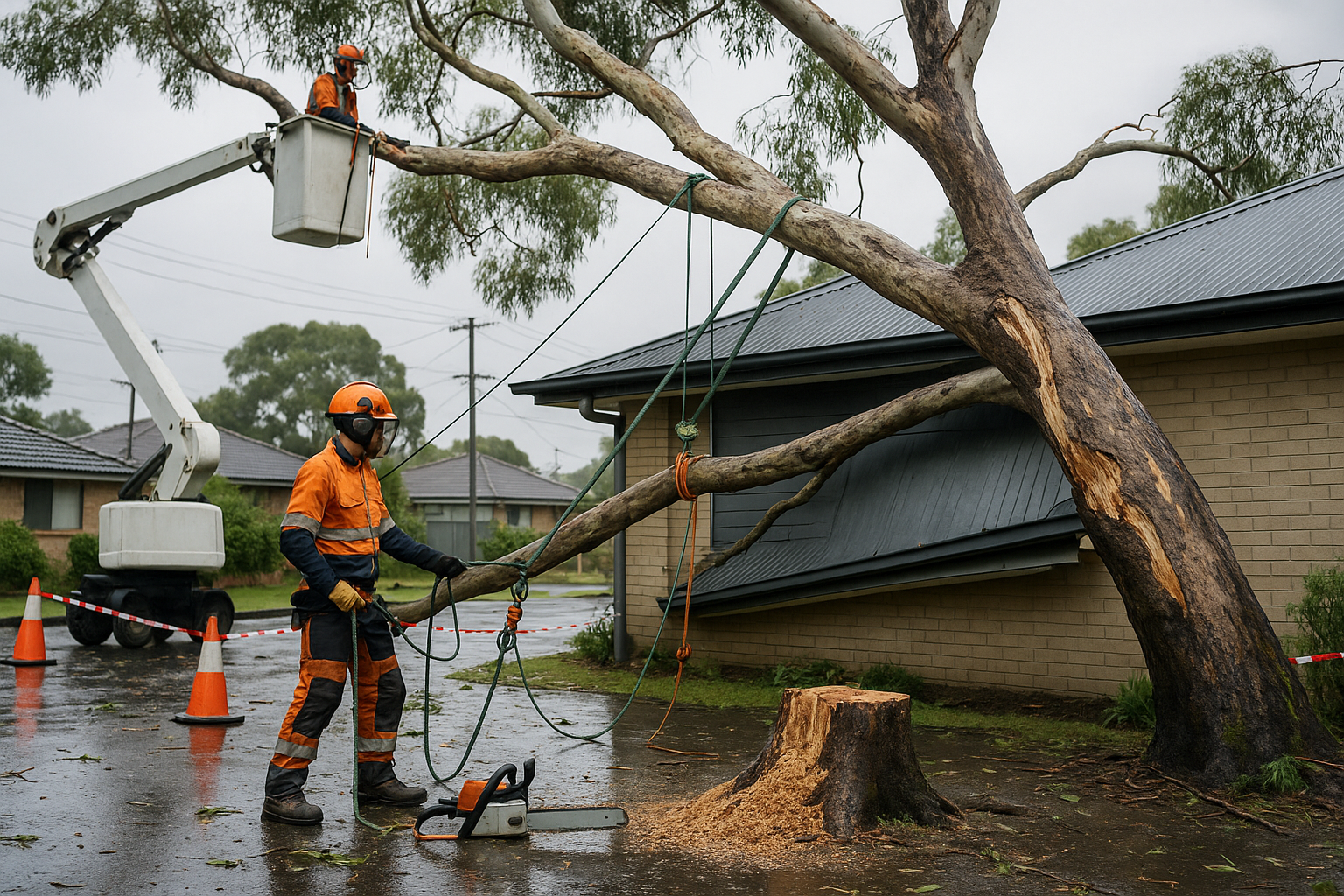 Crew safely rigging a storm-damaged eucalyptus limb above a Sydney’s South home.