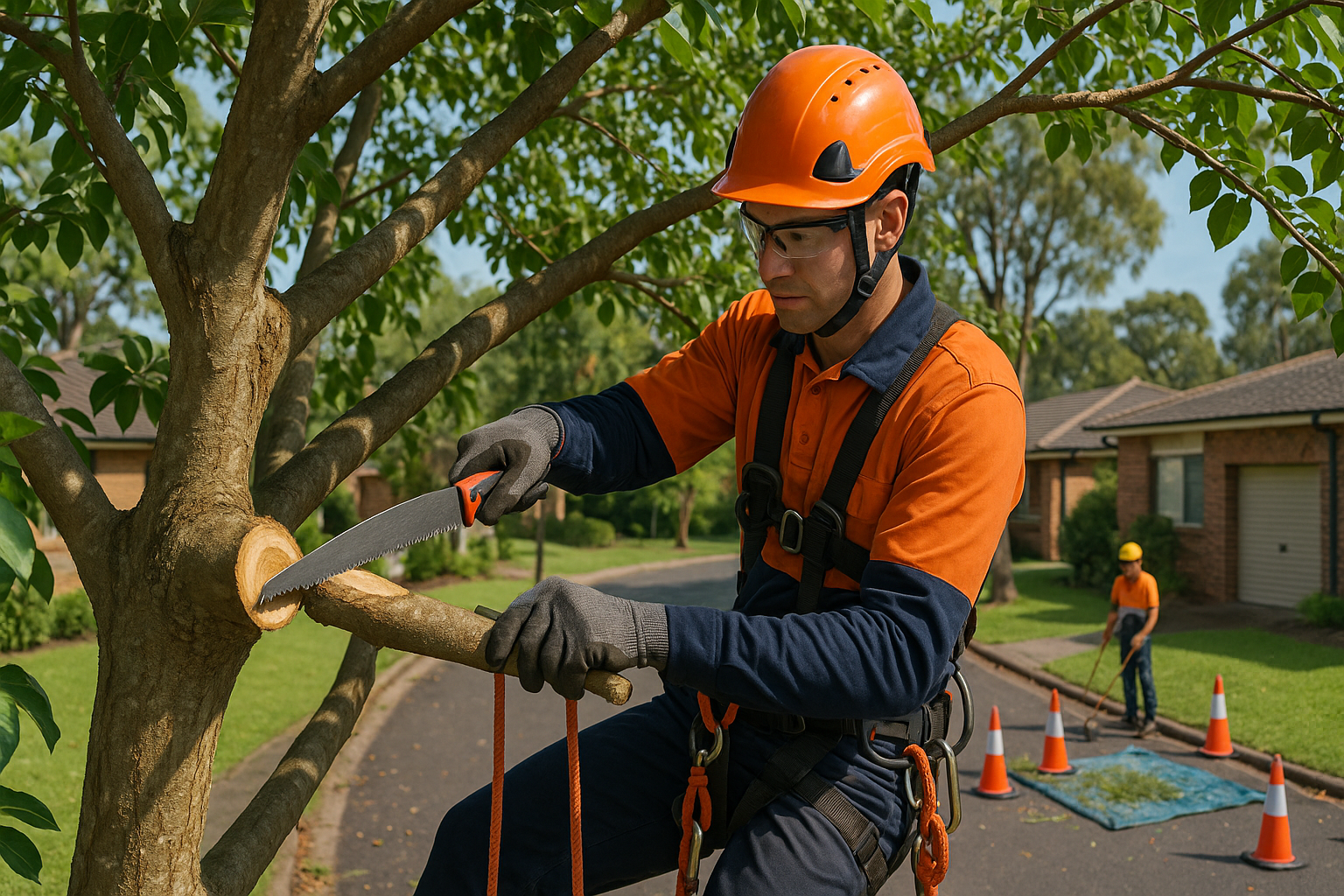 Qualified arborist making a clean branch-collar cut during structural pruning in Sydney’s South.